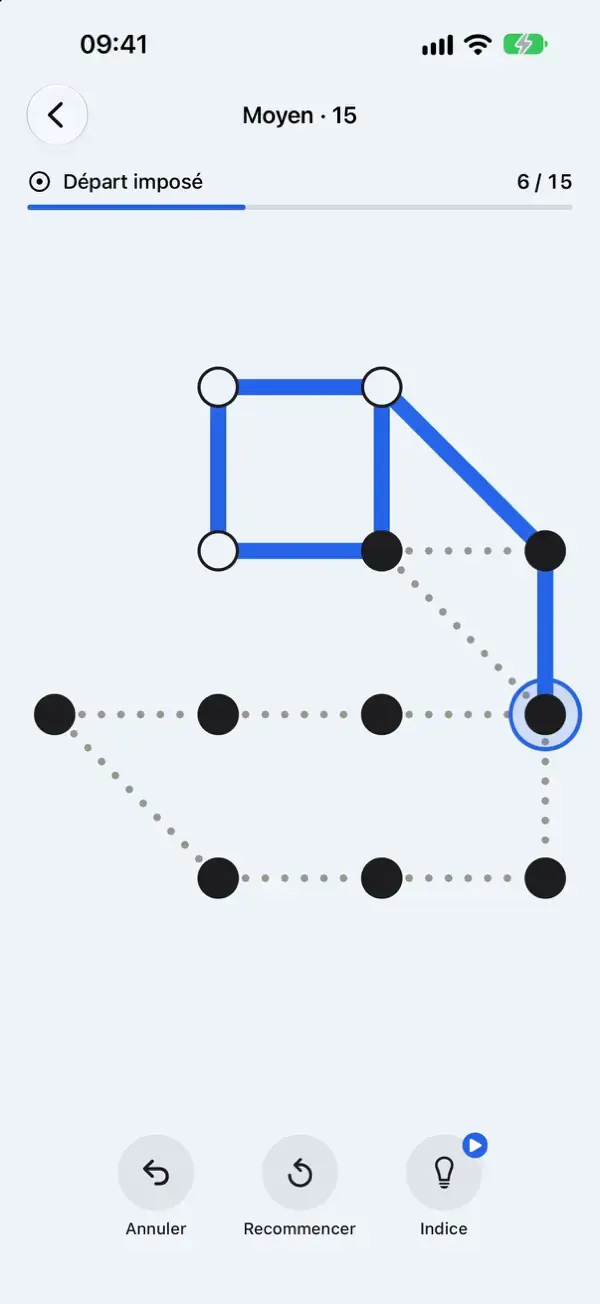 A Medium level in progress (French interface): part of the drawing is already traced in blue, the remaining links are dotted, with the Undo, Restart and Hint buttons